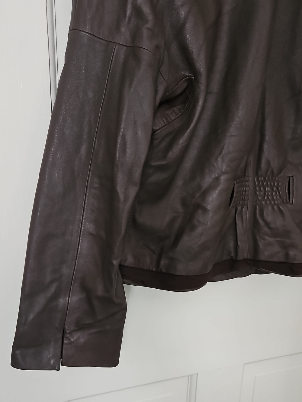 BCBG Max Azria Brown Leather Open-Front Jacket With Silk Trim - Picture 5 of 13